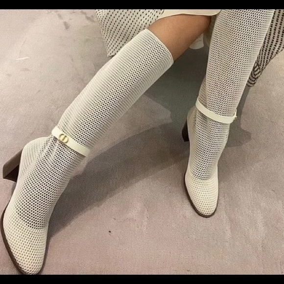 Dior Women's Cream Mesh Heeled Boots - Picture 2 of 2